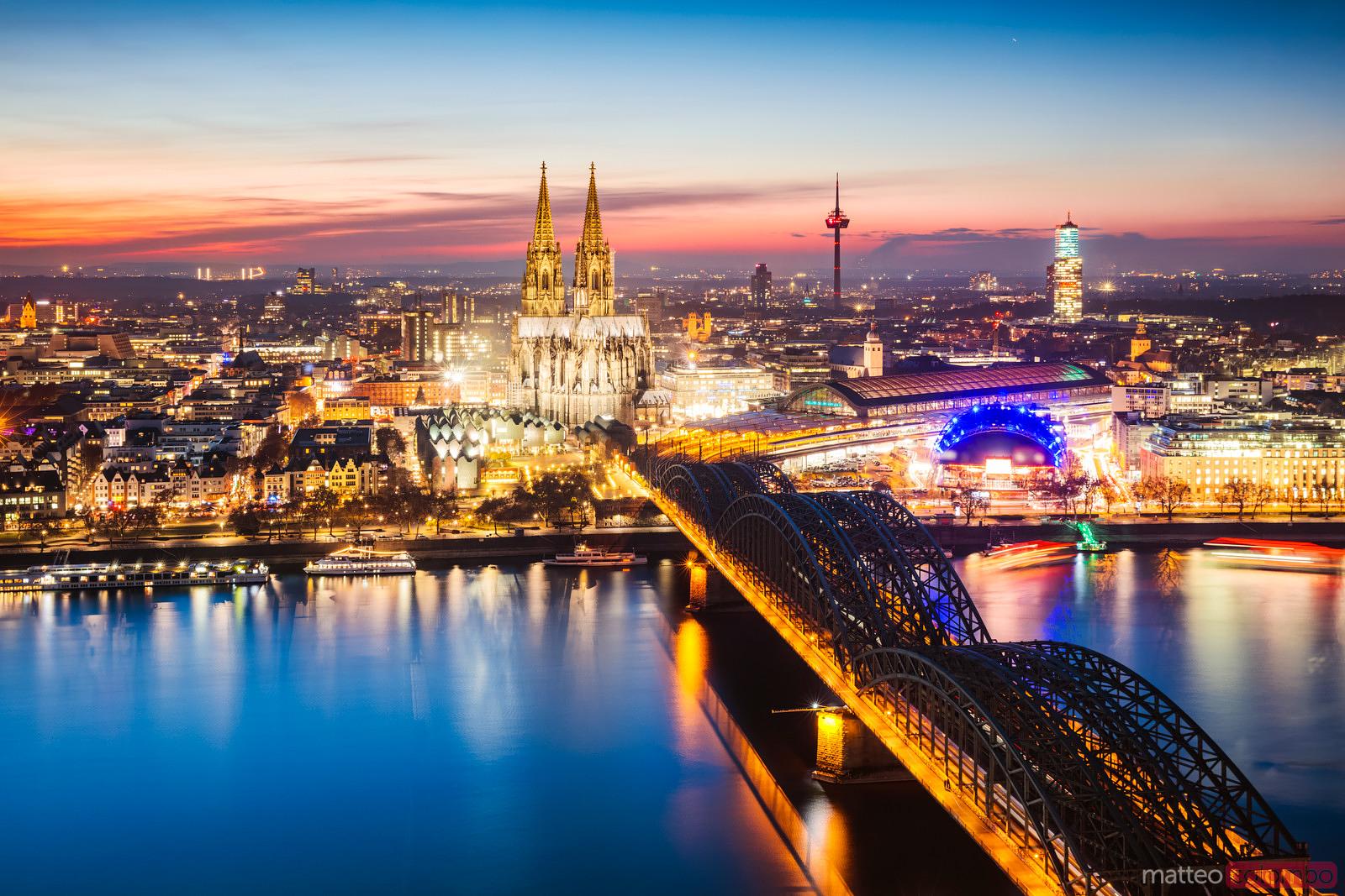 City skyline at night, Cologne, Germany