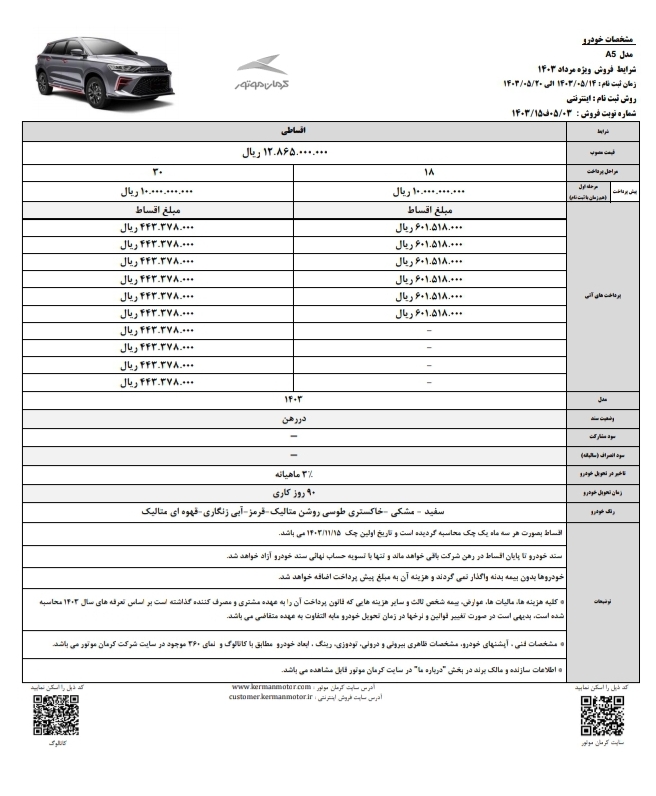 مشخص شدن شرایط جدید فروش اقساطی کی ام سی A5