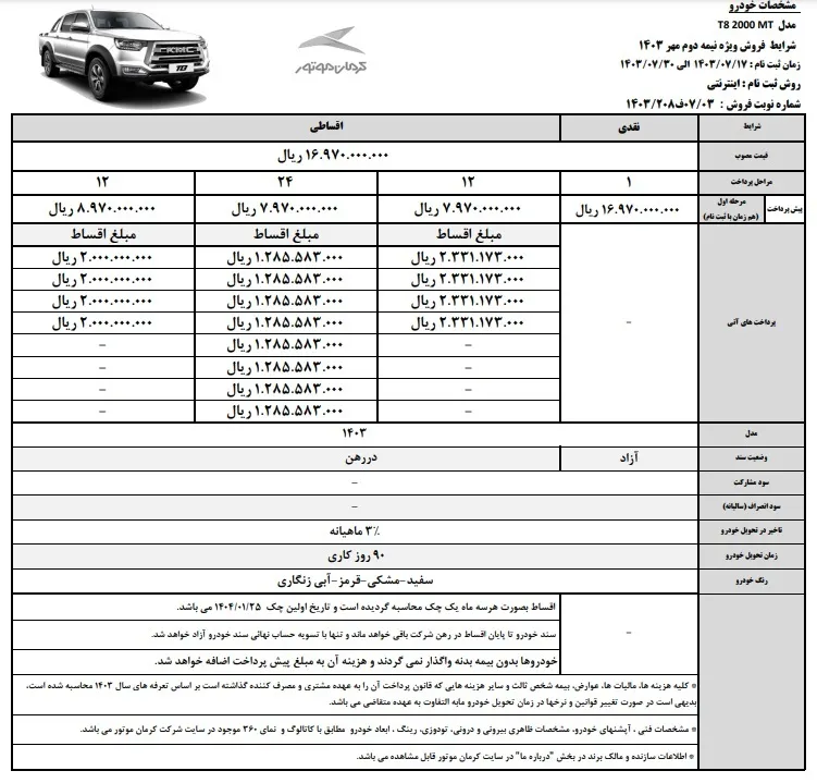 فروش اقساطی 3 خودرو کرمان موتور در 17 مهرماه 