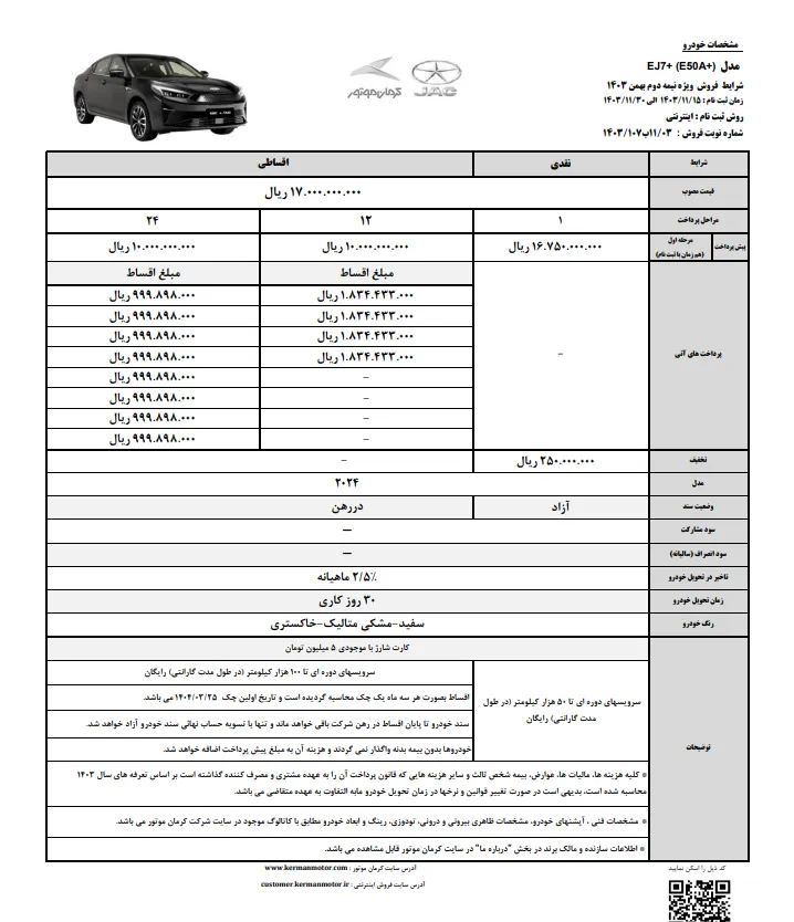 کارت شارژ با موجودی 5 میلیون تومان یکی از مزایای خرید خودرو در این طرح است.

در این طرح، سرویس دوره‌ای رایگان 50 و 100 هزار کیلومتری برای متقاضیان در نظر گرفته شده است.

تحویل خودروها در این طرح نیز 30 روز کاری در نظر گرفته شده است و جریمه تاخیر در تحویل 2.5 درصدی به خریداران تعلق می‌گیرد.

امکان انتخاب سه رنگ سفید، مشکی متالیک و خاکستری برای متقاضیان خودرو EJ7 پلاس وجود دارد.