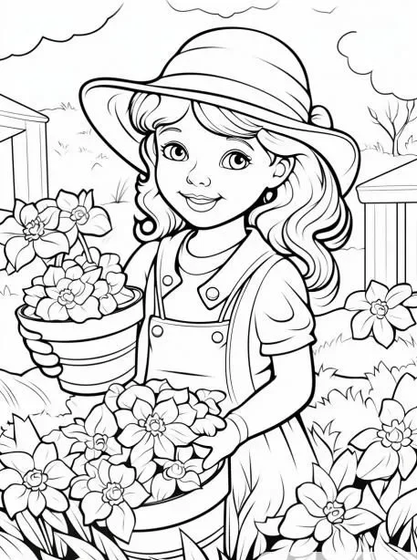 نقاشی روز دختر؛ دختری گل به دست در مزعه برای رنگ آمیزی 