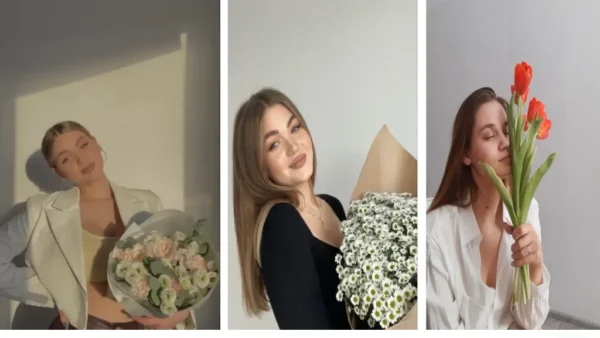 ژست عکس رمانتیک دخترانه با گل