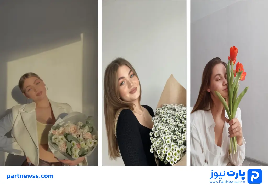 ژست عکس رمانتیک دخترانه با گل