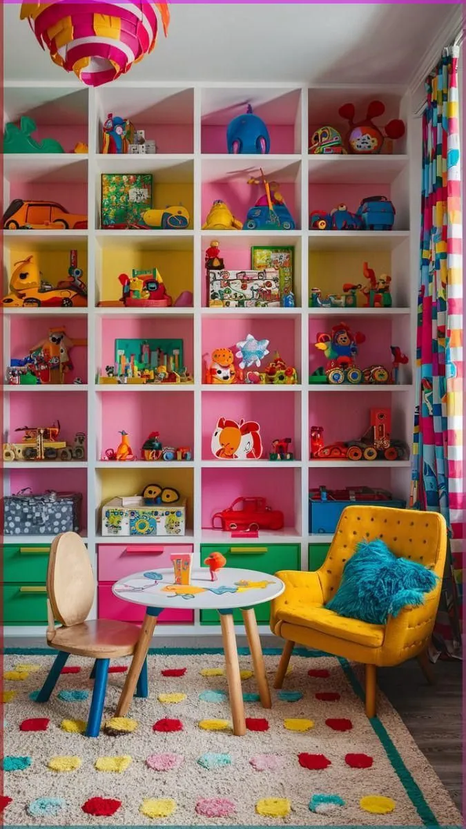 Children's room toy arrangement with colorful shelves in various sizes
Pinterest