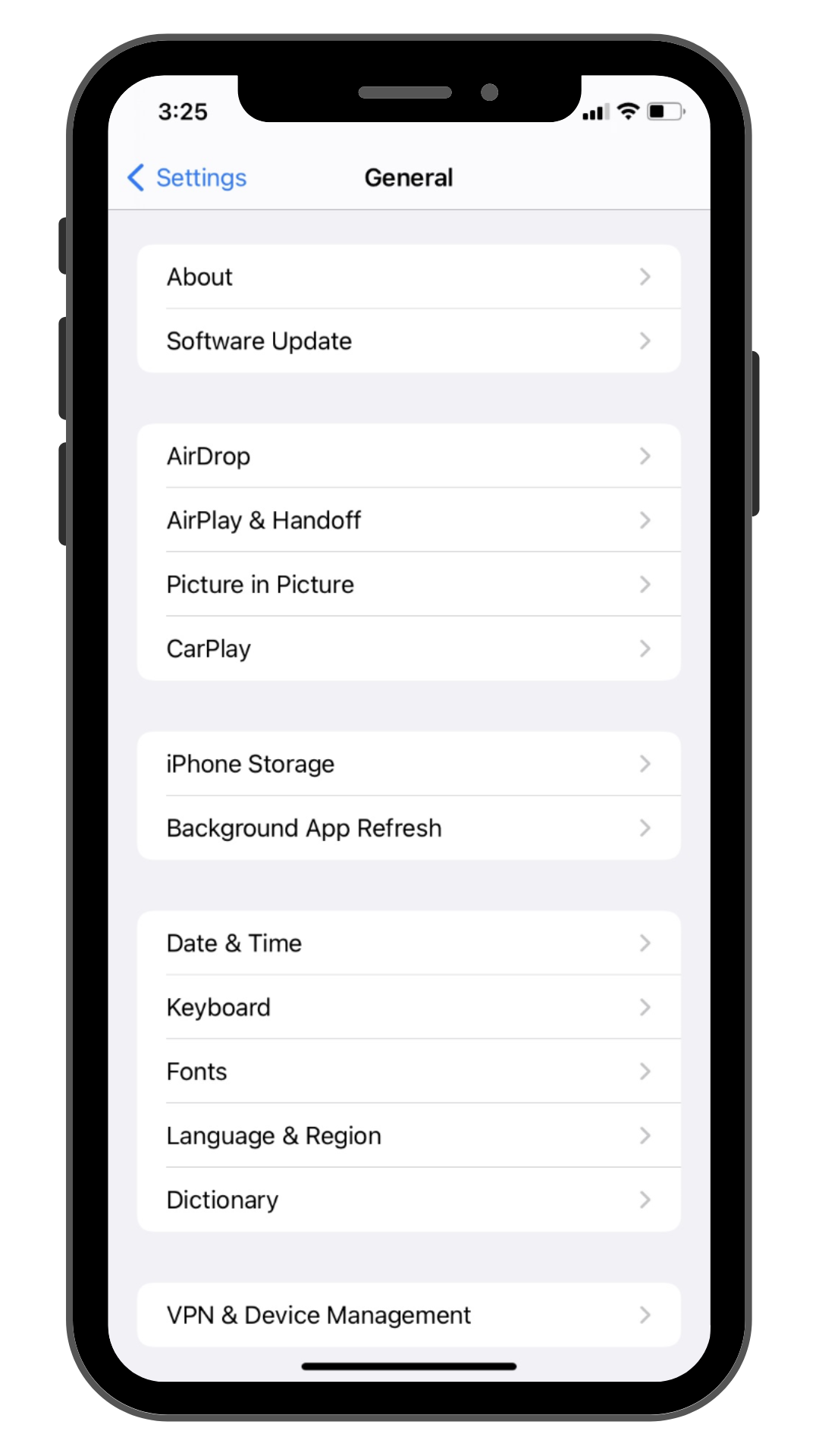 ۲. در تب General به دنبال Software Update بگردید.