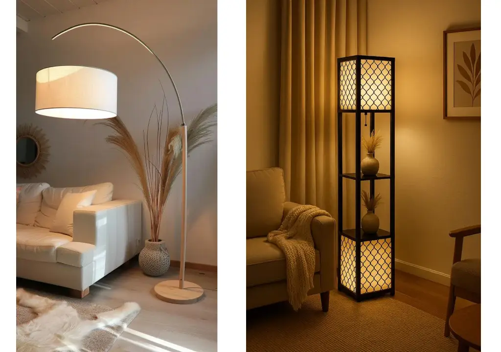 استفاده از آباژور کنار مبل و نور مخفی در قفسه‌ها