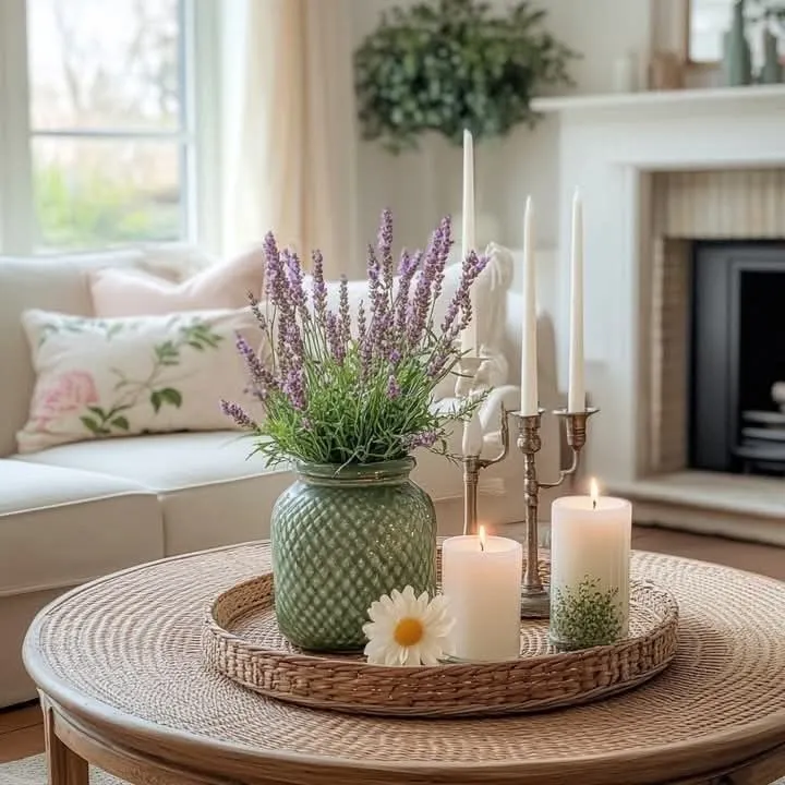 میز پذیرایی با گل و اکسسوری‌های رنگی Earthy

