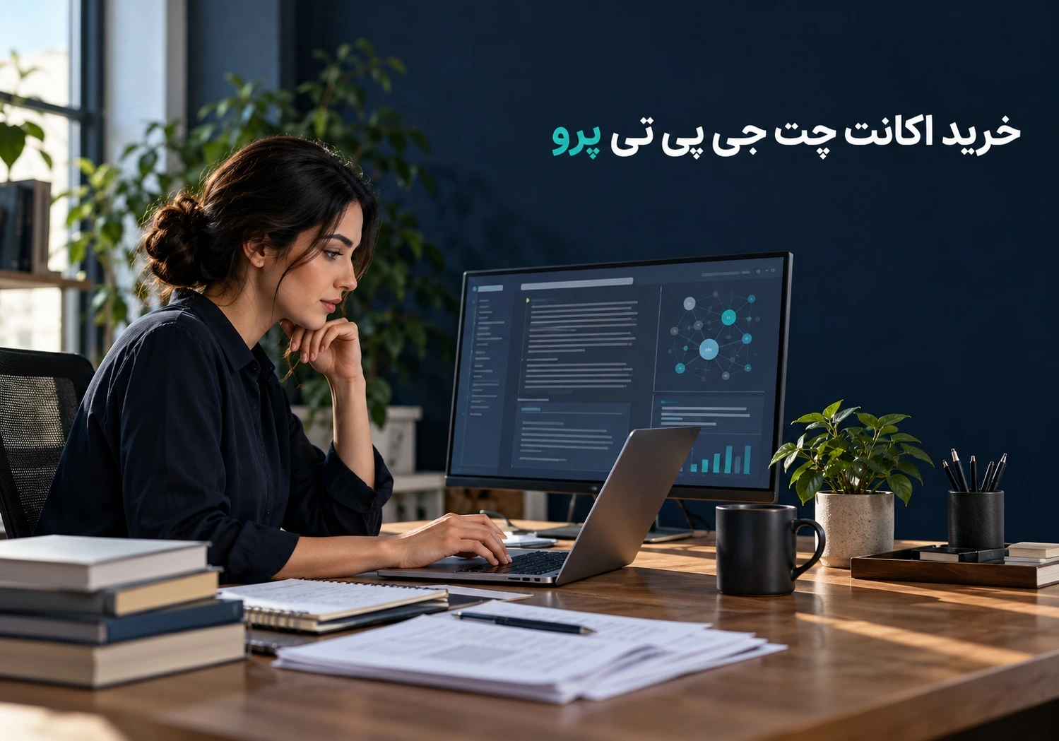 پژوهشگر در حال کار با لپتاپ و بررسی اشتراک چت جی پی تی پرو برای پروژههای سنگین