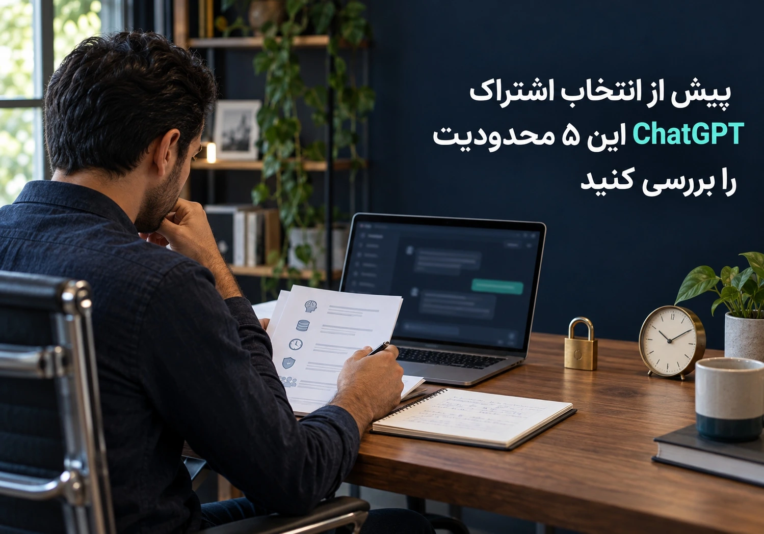 کاربر در حال بررسی فایل‌های کاری و محدودیت‌های اشتراک ChatGPT پیش از خرید